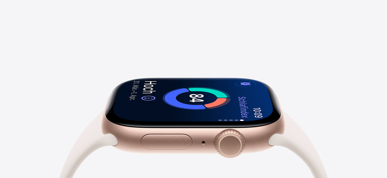 Apple Watch Series 11, Roségold, Aluminiumgehäuse, Schlafindex, rechte Seitenansicht, Digital Crown, Mikrofon, Seitentaste, Sportarmband in Polarstern