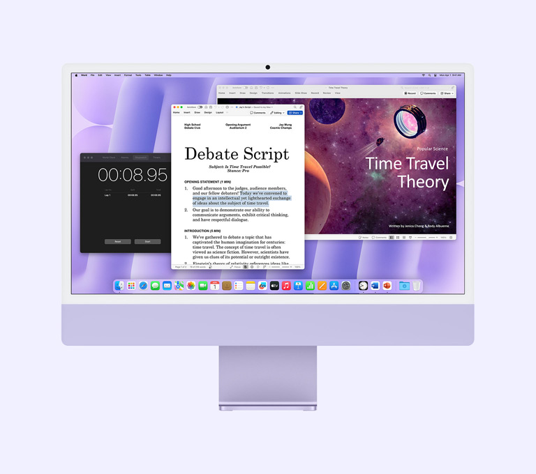 iMac en púrpura que muestra las apps Microsoft Word, Microsoft PowerPoint y Reloj en uso.