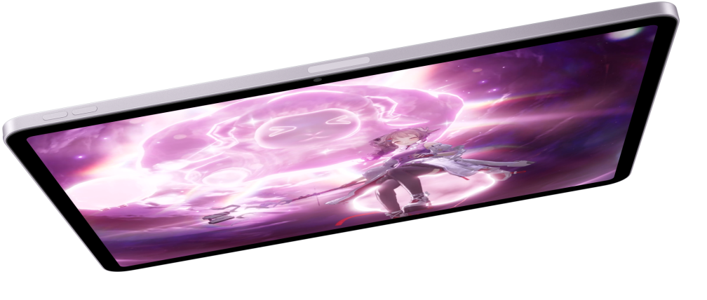 iPad Air, colocado na horizontal, a mostrar um videojogo, com outros dois modelos iPad Air por baixo