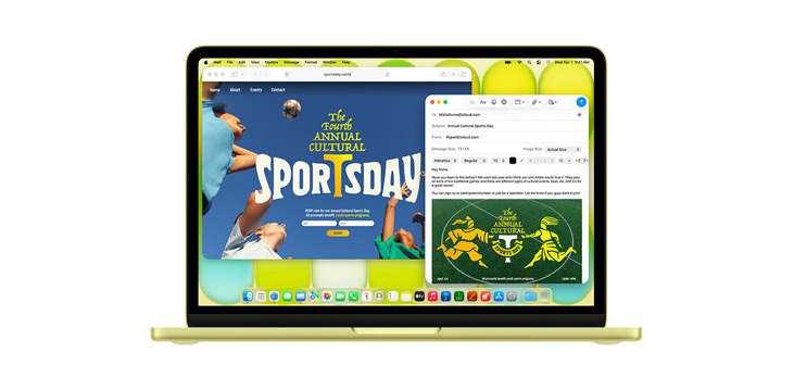 Demonstratie van apps als Microsoft PowerPoint, Berichten en Pages op een 14‑inch MacBook Pro.