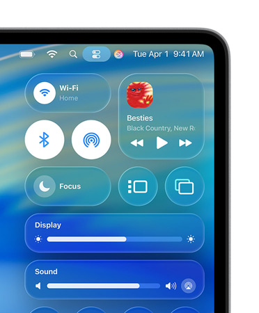 Lado direito do ecrã do Mac a mostrar os controlos personalizados do Liquid Glass, como Wi-Fi e Bluetooth, na central de controlo