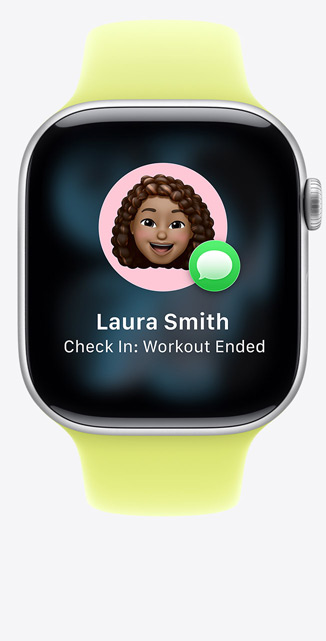Apple Watch Series 11, alumiinikuori, värinä hopea, Tilanteentarkistus-ehdotus iMessagessa, urheiluranneke, värinä neonkeltainen
