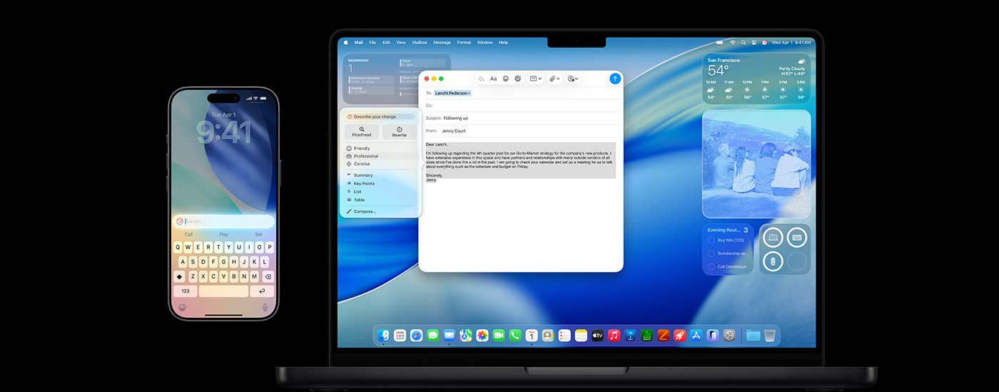 An iPhone and a Mac show Apple Intelligence, along with the macOS Tahoe screensaver.