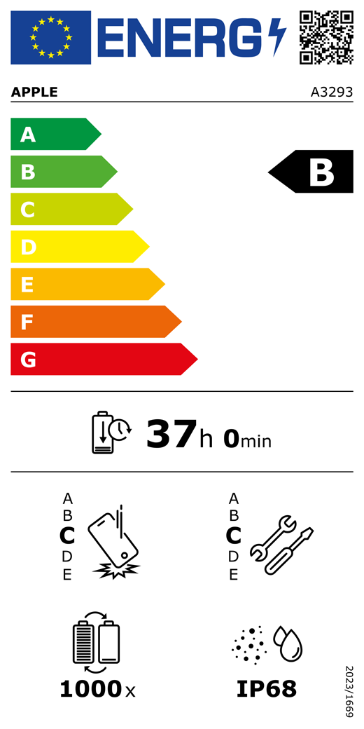 Etykieta energetyczna UE, kod QR i informacje, model Apple A3293, klasa B, klasy efektywności energetycznej (w skali od A do G), od A (najwyższa efektywność) do G (najniższa efektywność), trwałość baterii na cykl, 37 godzin i 0 minut na pełne naładowanie baterii, wytrzymałość na spadki swobodne wielokrotne klasy C, od A (największa solidność) do E (najmniejsza solidność), możliwość naprawy klasy C, od A (największa możliwość naprawy) do E (najmniejsza możliwość naprawy), trwałość baterii w cyklach 1000, ochrona przed wnikaniem pyłu i wody (IP) klasy IP68, rozporządzenie 2023/1669