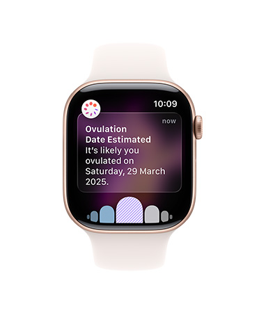 Apple Watch Series 11, aluminium case, rose gold colour, ovulation date estimated notification, right side exterior: Digital Crown, light blush Sport Band
