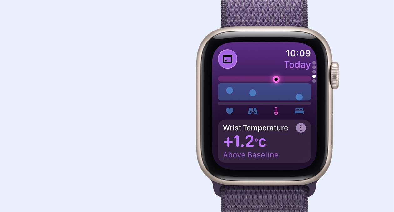 Apple Watch SE 3, корпус з алюмінію, колір «зіркове сяйво», показники моніторингу температури руки, правий бік корпусу, коронка Digital Crown, ремінець, спортивний браслет, колір «пурпуровий туман»