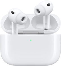 AirPods Pro 3 και θήκη φόρτισης MagSafe (USB‑C), στρογγυλεμένο εξωτερικό θήκης, ενδεικτική λυχνία LED, καπάκι θήκης ανοιχτό, λευκό χρώμα, ασύρματα ακουστικά με άκρα ακουστικών σιλικόνης, εσωτερικό στέλεχος με τα γράμματα L και R