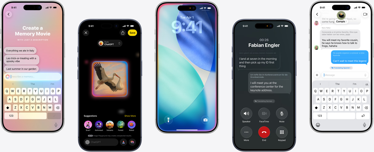 Five iPhone devices showing Apple Intelligence features: creating a Memory Movie, generating artwork in Image Playground, the iOS Lock Screen with inner glow, Live Translation during a phone call, and real-time translation in Messages