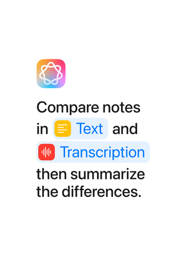 Compare notes in Text and Transcription, then summarize the differences, with the words ‘Text‘ and ‘Transcription‘ highlighted in blue as they appear as they would in the Shortcuts app