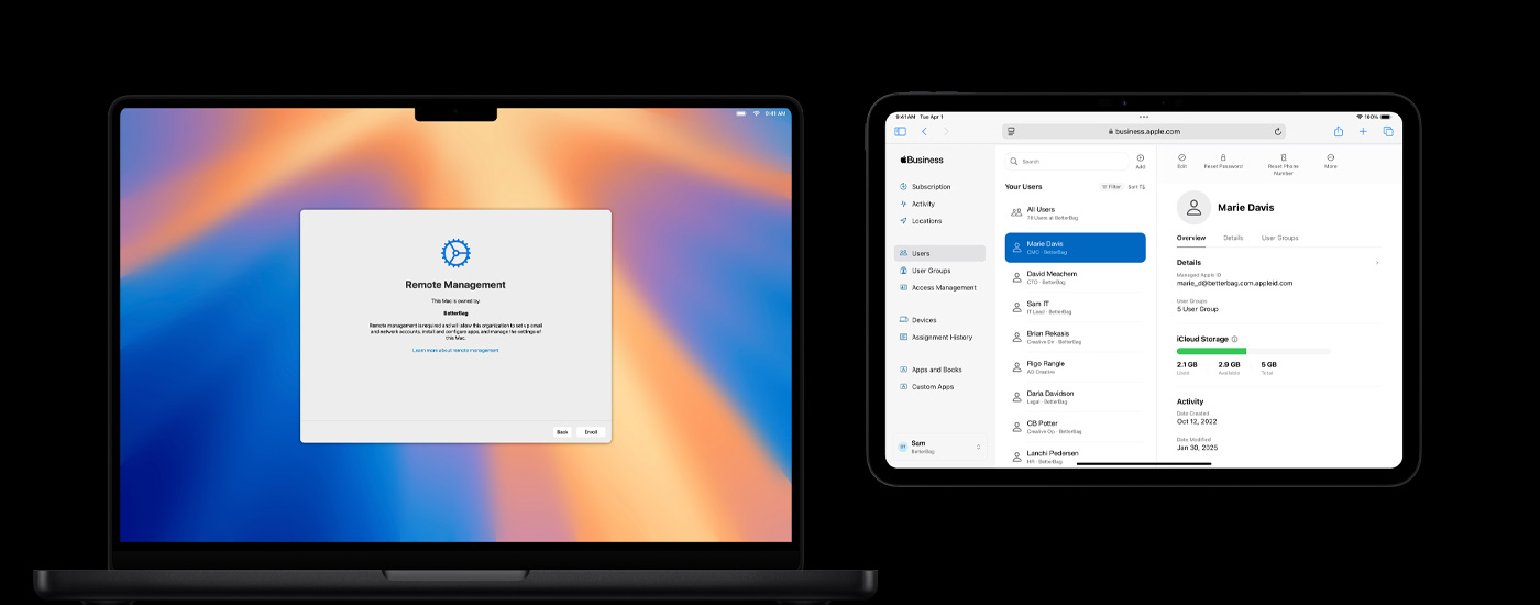 Ein Mac, ein iPhone und ein iPad zeigen einen Bildschirm zur Ressourcenverwaltung.