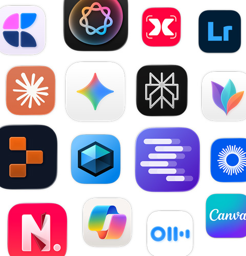 Eine Reihe von Symbolen für KI-Apps, darunter MindNode, Adobe Lightroom, Claude und Google Gemini