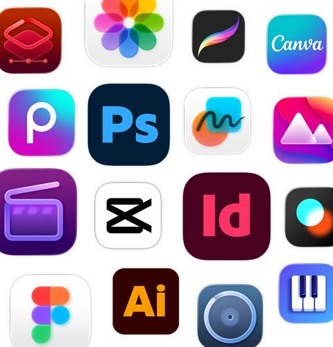 Eine Reihe von Symbolen für Kreativitäts-Apps, einschliesslich Adobe Illustrator, Canva, CapCut und Figma