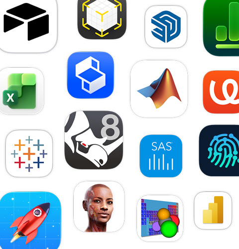 Eine Reihe von Symbolen für MINT-Apps, darunter Shapr3D, MATLAB, uMake und Tableau.