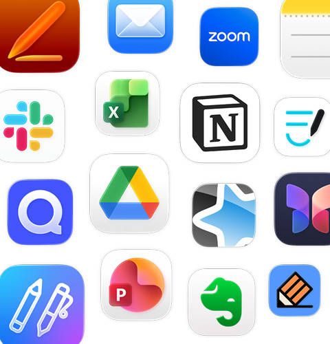 Eine Reihe von Symbolen für Produktivitäts-Apps, darunter Google Drive, Evernote, Slack und Quizlet