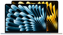 MacBook Air Laptops, ein kleineres vor einem grösseren, geöffnet, lebendige Hintergründe mit blauem und gelbem abstrakten Design.