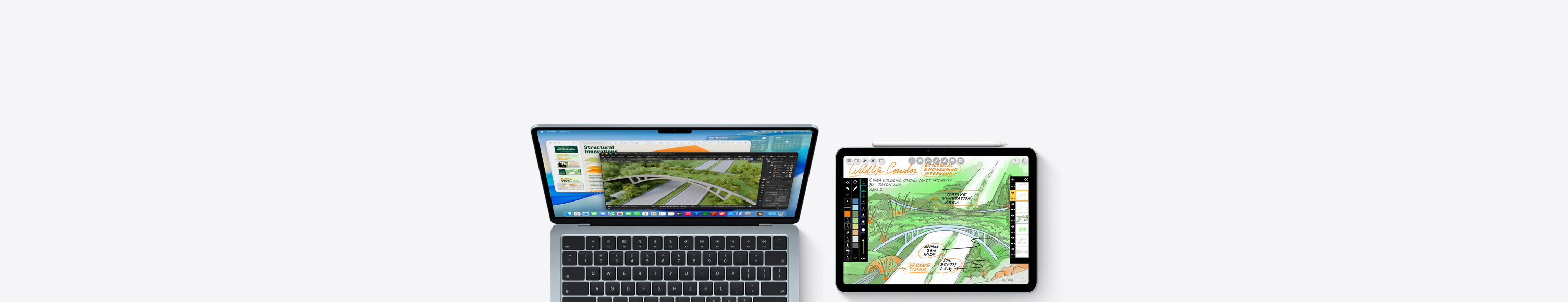 Mac and iPad, screens showing coursework across various apps