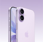 iPhone 17, kleur Lavendel, voorkant, schuin zijaanzicht van achterkant, Dual Fusion-camerasysteem bovenaan links, knop voor Cameraregelaar, schuin zijaanzicht van voorkant met all‑screendesign, Actieknop, volumeknoppen en zijknop