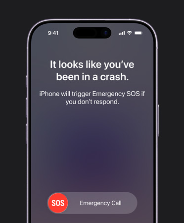 iPhone 17, przód obudowy, zaokrąglone rogi, zaprezentowane działanie funkcji Wykrywanie wypadków