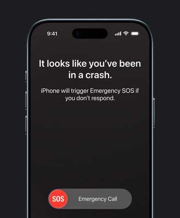 iPhone Air, вид спереду, заокруглені кути, використовується функція «Виявлення аварій»