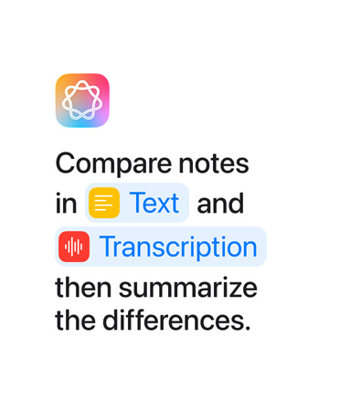 Compare notas no Texto e transcrição e, em seguida, faça o resumo das diferenças, com as palavras "Texto" e ""Transcrição" destacadas a azul, tal como deveriam aparecer na app Atalhos