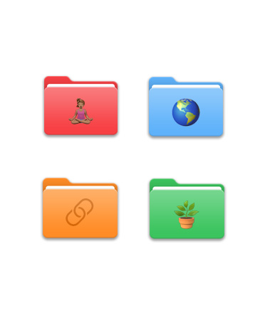 Vier bestandsmappen in een rasterpatroon, elk van een andere kleur zoals rood, lichtblauw, oranje en groen, met verschillende symbolen erop, zoals yogi, wereldbol, URL-linksymbool en plant.