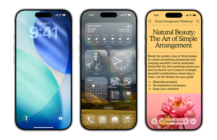 Egymás mellett látható iPhone készülékek mutatják be az egyes új dizájnelemeket az iOS különböző felületein, köztük az áttetsző Liquid Glass időkijelzést a zárolási képernyőn és a tisztán áttetsző Liquid Glass appikonokat a főképernyőn