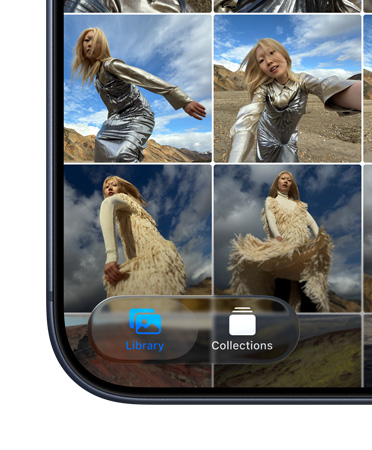 Egy iPhone kijelzőjének bal alsó része a Fotók app csempéivel, amelyen a Könyvtár és a Gyűjtemények fül látható az új Liquid Glass megjelenéssel