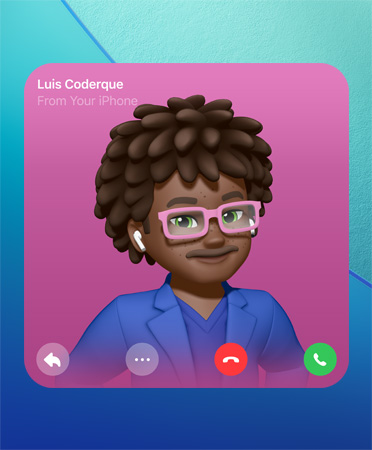 Poster Kontak FaceTime, Genmoji di tengah, nama orang di kiri atas, ikon balas, opsi lainnya, tutup, dan angkat telepon di bagian bawah