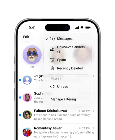 Az iPhone kijelzőjének felső kétharmada, rajta az Üzenetek app az új szűrőeszközök funkcióval, amely mostantól kiszűri az ismeretlen számokat egy külön, Ismeretlen küldők nevű részbe